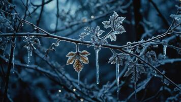 A frosty branch with icicles and a single autumn leaf, capturing winter's beauty. photo