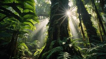 A sunlit rainforest scene with towering trees and vibrant ferns. photo