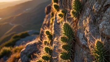 A close-up of spiky plants growing on a rocky surface during sunset. photo