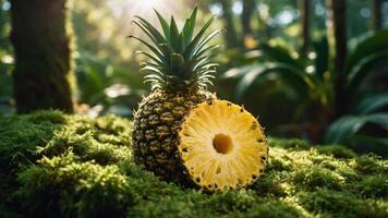 A fresh pineapple cut in half on mossy ground, surrounded by lush greenery. photo