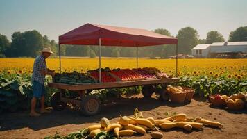 A farmer selling fresh produce at a market with sunflowers in the background. photo