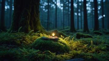 A glowing candle on moss in a serene forest setting, creating a tranquil ambiance. photo