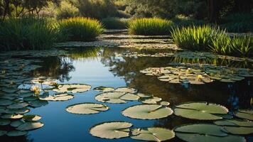 A serene pond filled with lily pads and lush greenery reflecting in calm waters. photo