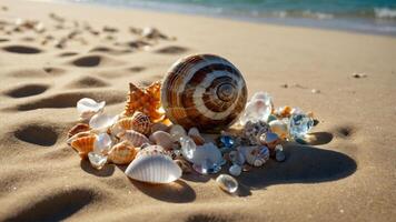 A collection of seashells arranged on sandy beach, with ocean waves in the background. photo