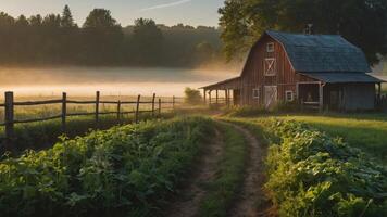 A serene morning scene featuring a rustic barn surrounded by mist and lush greenery. photo