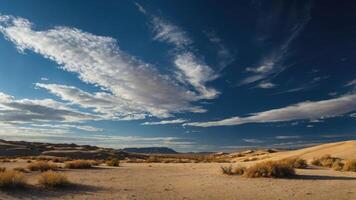 A panoramic view of a desert landscape with clouds and distant hills under a blue sky. photo