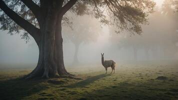 A serene scene of a llama standing in a misty field under a large tree. photo