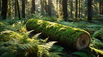 A moss-covered log rests among ferns in a serene forest setting, showcasing nature's beauty. photo