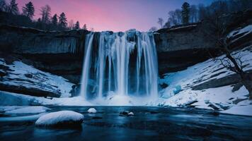 A serene waterfall surrounded by snow and ice, set against a colorful twilight sky. photo