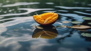 A sliced mango floats on water, surrounded by lily pads, reflecting its vibrant color. photo