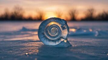 A spiral ice formation rests on snow, illuminated by a sunset in the background. photo