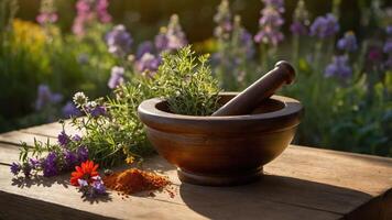 A wooden mortar and pestle with herbs and flowers on a rustic table in a garden setting. photo