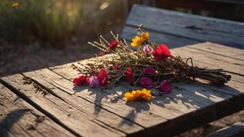 A bouquet of colorful flowers resting on a wooden table in a natural setting. photo