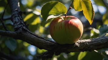 A ripe apple rests on a tree branch, surrounded by green leaves and soft sunlight. photo