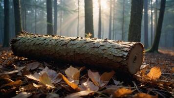 A fallen log surrounded by autumn leaves in a misty forest. photo
