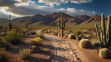 A serene desert landscape with cacti, mountains, and a winding stone path under a cloudy sky. photo