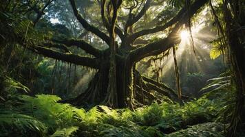 A majestic tree in a lush forest with sunlight filtering through the leaves. photo