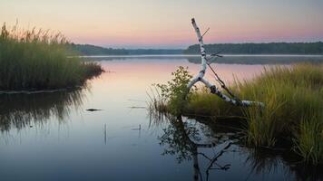 Tranquil lakeside scene at dawn with reflections and lush greenery. photo