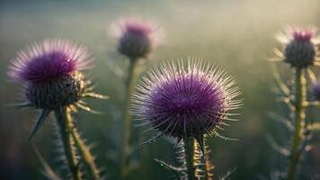 Close-up of thistle flowers with a soft, blurred background in natural light. photo
