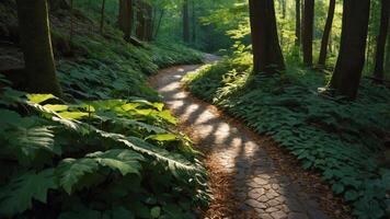 A serene forest pathway winding through lush greenery and dappled sunlight. photo