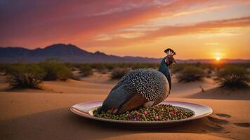 A quail resting on a plate of colorful grains against a desert sunset backdrop. photo
