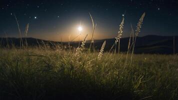 A serene night landscape with grass illuminated by moonlight under a starry sky. photo