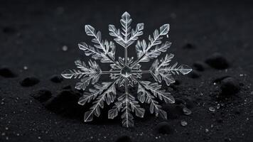 A detailed snowflake crystal on a dark surface, showcasing its intricate design. photo