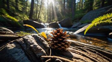 A serene forest scene featuring a pine cone near a flowing stream with sunlight filtering through trees. photo