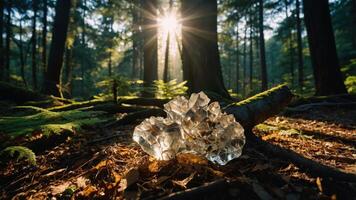 A crystal formation glimmers in a sunlit forest, surrounded by trees and foliage. photo