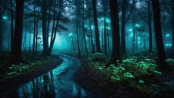 A mystical forest path illuminated by glowing plants under a foggy twilight. photo