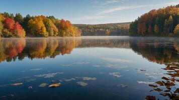 Serene autumn landscape reflecting colorful trees in a calm lake. photo