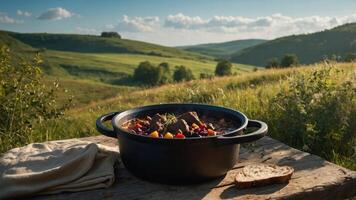A pot of stew sits on a wooden table in a scenic landscape, inviting outdoor dining. photo
