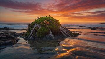 A vibrant sunset over a moss-covered rock on the beach, reflecting colorful skies. photo