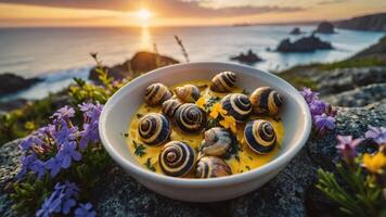 A scenic view featuring a dish of escargot with a sunset backdrop by the ocean. photo