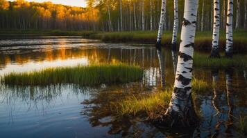 Serene lakeside scene with birch trees reflecting in calm water at sunset. photo