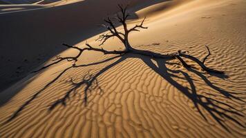 A barren desert landscape featuring a weathered tree branch casting intricate shadows on sand. photo