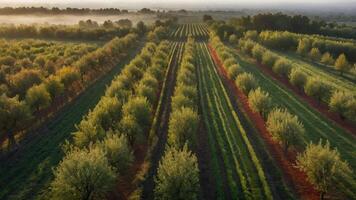 Aerial view of lush orchards with rows of trees in a serene landscape during sunrise. photo