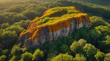Aerial view of a moss-covered rock formation surrounded by dense forest. photo