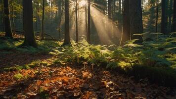 A serene forest scene with sunlight filtering through trees, illuminating ferns and leaves. photo