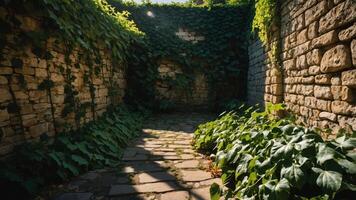A serene, vine-covered pathway surrounded by stone walls, inviting exploration and tranquility. photo