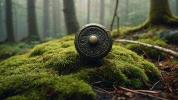 A decorative shield rests on moss in a misty forest, evoking a sense of history. photo