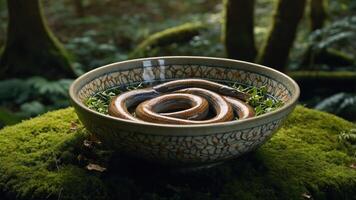 A bowl with a coiled snake resting on moss in a forest setting. photo