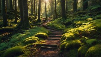 A serene forest path lined with lush moss and sunlight filtering through the trees. photo