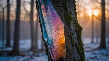 A colorful crystal embedded in a tree trunk during a serene sunset in a snowy forest. photo