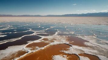 Aerial view of a colorful salt flat with intricate patterns and reflections. photo