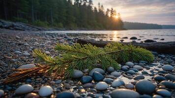 A serene lakeside scene featuring pebbles, a pine branch, and a sunset in the background. photo