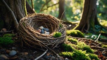 A bird's nest with colorful eggs nestled in a forest setting. photo