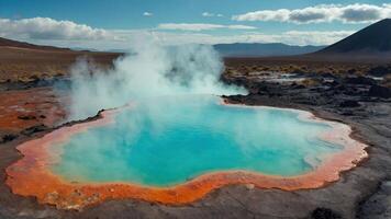A vibrant geothermal pool surrounded by steam and colorful mineral deposits. photo