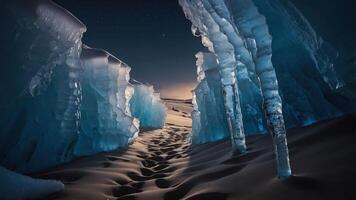 A serene icy passageway with towering blue ice formations and a sandy path leading through. photo