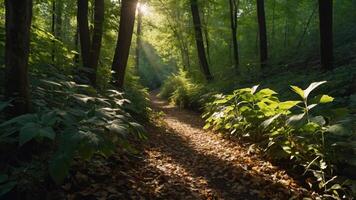 A serene forest path illuminated by sunlight, surrounded by lush greenery and fallen leaves. photo